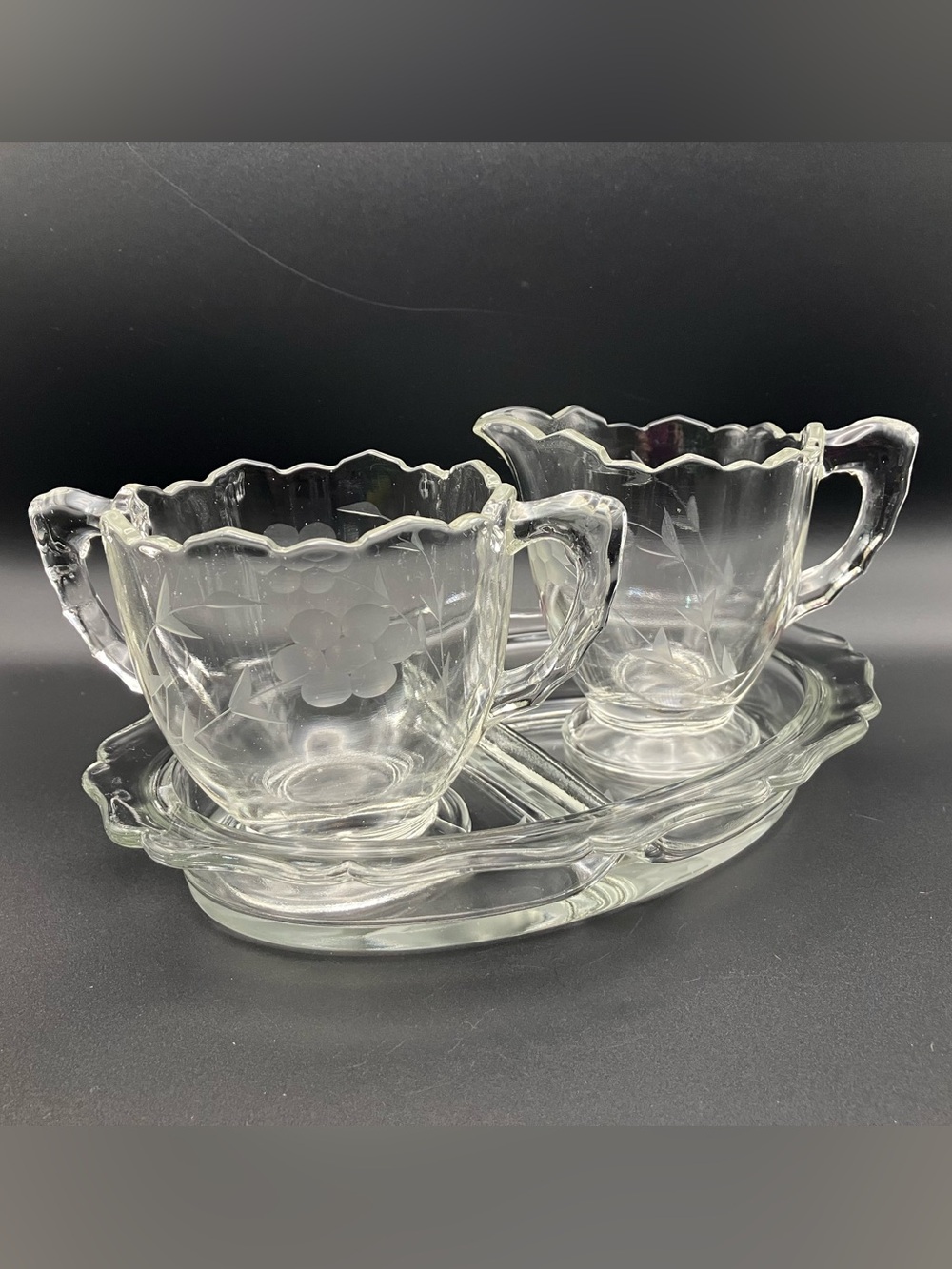 Clear Glass Cream and Sugar Set on Tray with Scalloped Edges